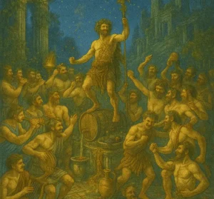 The generated image depicts a dynamic and detailed cinematic realism scene of the vine-draped hillside terrace and ancient temple ruins at twilight, featuring only men celebrating around Bacchus standing atop a wine barrel.