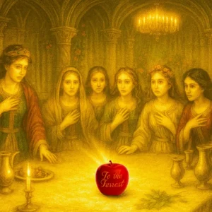 An image showing a man throwing an apple on which written "To the fairest" on a table among some goddesses