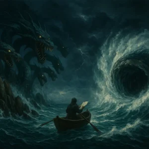 A treacherous, narrow sea channel carved between two colossal, mythic monsters. Left creature (Scylla): A multi-headed, serpentine sea monster rising from jagged rocks, each head snapping its jaws, eyes blazing with hunger; multiple necks coil above dark, roiling water; sharp, barnacle-crusted cliffs frame its side.