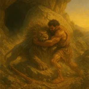 Hercules fighting the Nemean lion with his bare hands and eventually strangled it to death using his immense strength.