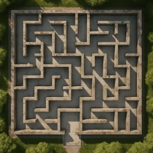 image of the open-air, man-made maze in a park. The maze is perfectly square with orthogonal corridors and sharp 90-degree turns formed by low, weathered concrete/stone parapet walls showing rough edges and patches of lichen.
