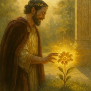 A sunlit garden at the edge of a marble terrace. Soft, warm golden light bathes the scene, casting gentle shadows. In the foreground, a single delicate flower sits on a small grass patch, its petals pale and dewy.