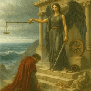 cinematic realism image of Nemesis standing regally on marble steps with iron-gray wings and a balanced scale. The setting is a windswept cliff above the sea with a faint storm brewing on the horizon. At her feet, a humbled mortal kneels next to broken regalia and votive offerings.