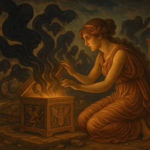 image depicting Pandora opening the box in an ancient mythological style with a 16:9 aspect ratio, releasing dark shadowy figures symbolizing diseases, sorrow, and other misfortunes.