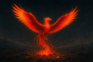 Charred wasteland or volcanic plain with smoldering embers and drifting ash. Majestic firebird rising mid-ascent, wings fully unfurled; grand wingspan with feather tips turning to flame.