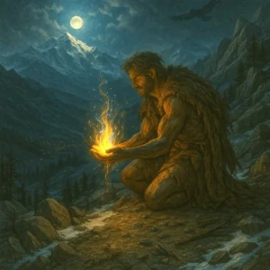 The image shows Prometheus on a craggy granite slope between Mount Olympus and the mortal world, kneeling on a ridge above a dark valley dotted with distant village lights.