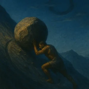 A steep, barren mountainside under a vast sky; twilight or pre-dawn blue hour for a somber, enduring feel Wind-blown dust, scattered rocks, distant ridgelines fading into mist Mood: relentless, contemplative, dignified perseverance