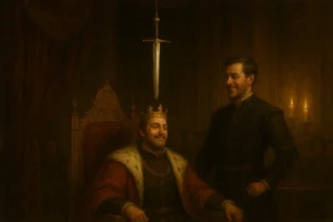 A royal court, A dramatic, almost ceremonial setting where a seemingly prosperous moment is shadowed by an impending threat.