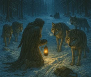 cinematic realism image of the abandoned cloaked figure kneeling in a snow-drifted conifer forest clearing at dusk, holding a small lantern casting warm amber light. Surrounding the figure are five gray wolves, cautiously approaching