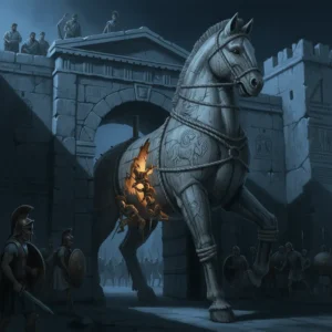 A grand, ancient Greek setting with a colossal wooden horse as the central figure, partially inside a city gate. The horse should look imposing and carved with intricate, faded details to suggest age. Soldiers coming out from inside the horse by breaking it in two halves.